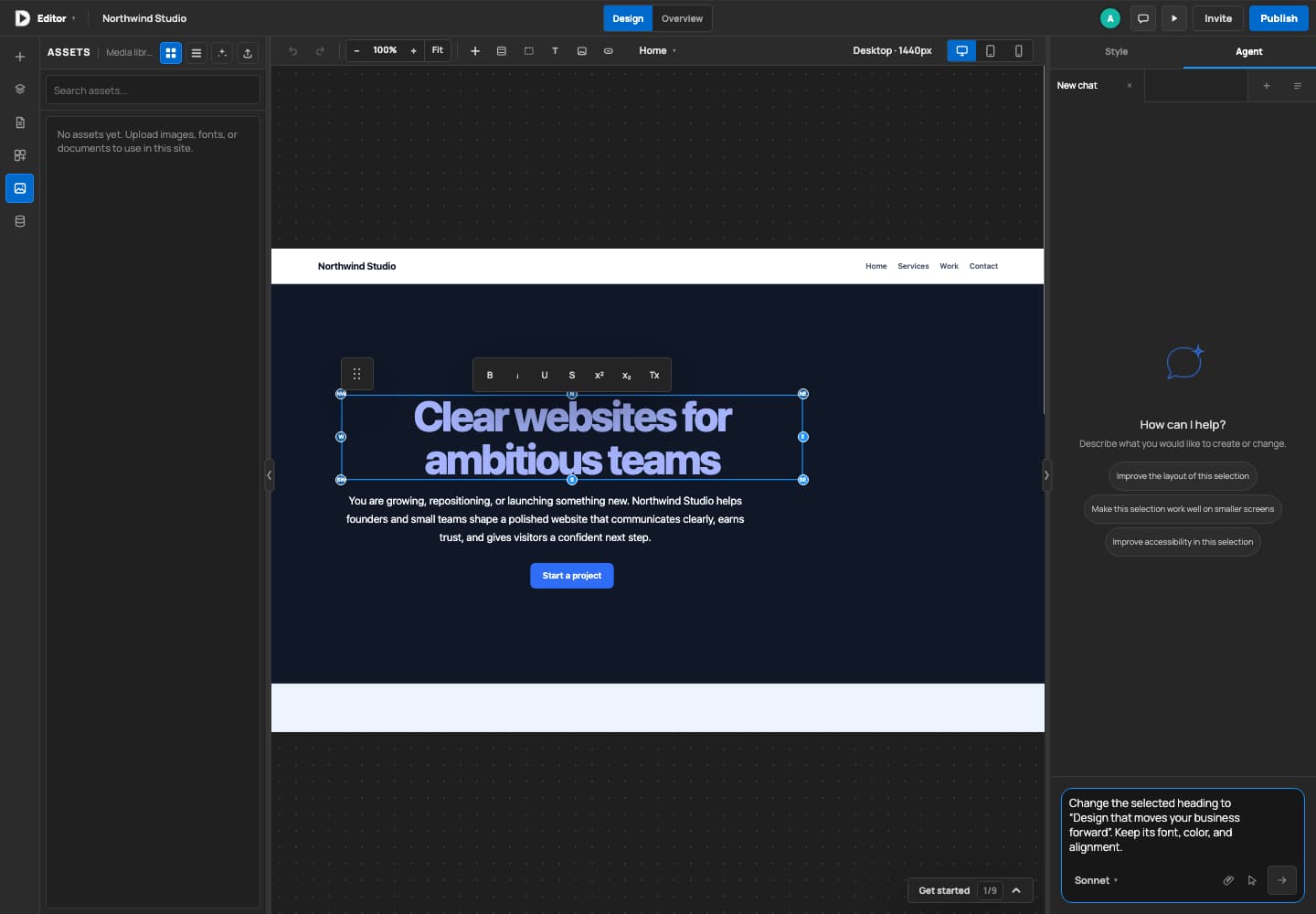 Agent panel beside the selected homepage heading