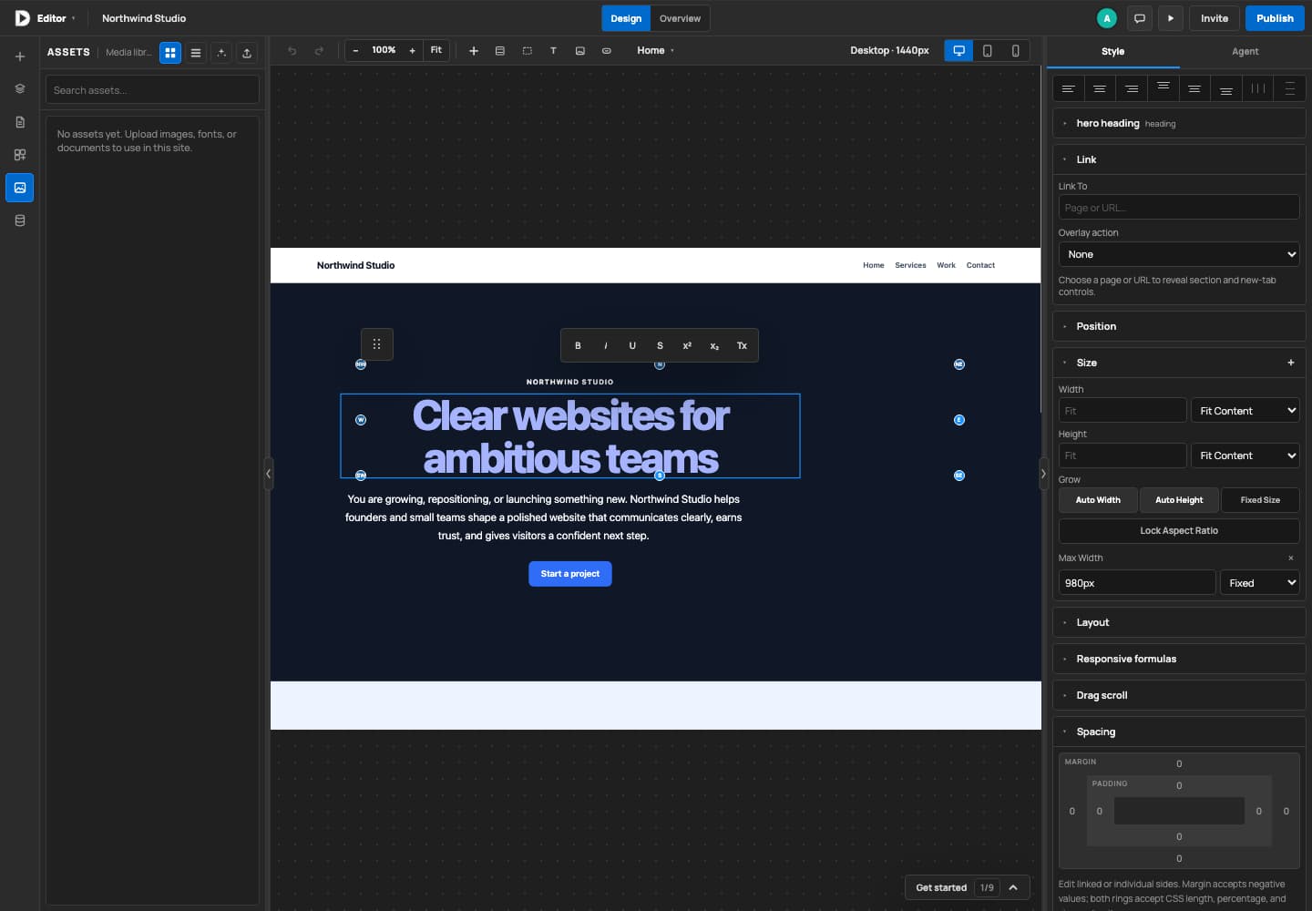 Assets panel before the first successful asset upload