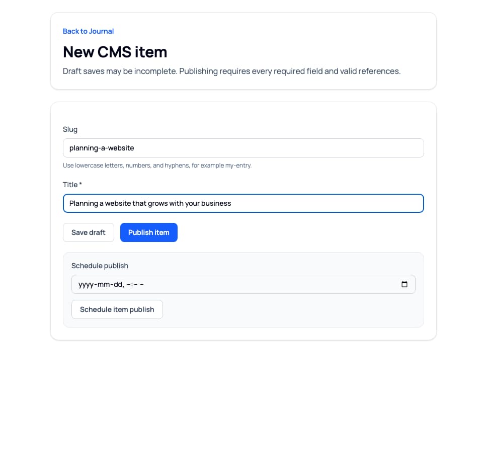 CMS entry form with a slug, a title, and save or publish actions