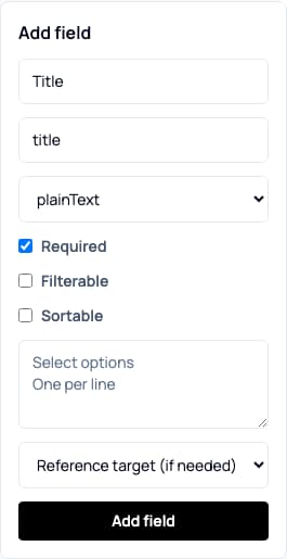 CMS Add field form with field label, key, type, and validation