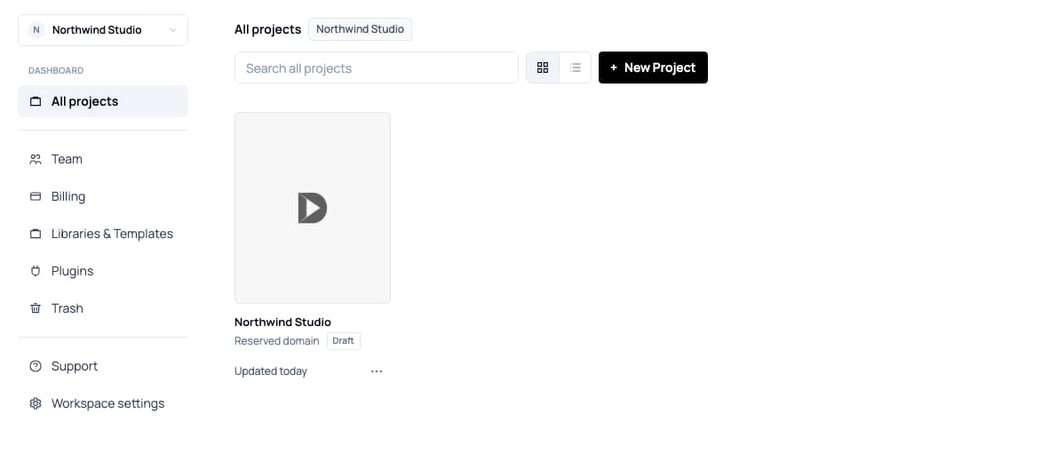 All projects dashboard with workspace switcher, a project card, and New Project
