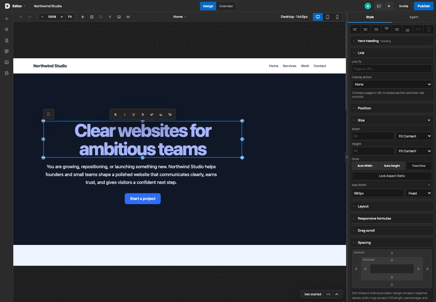 Visual editor with Navigator, selected heading, Style controls, and device toolbar