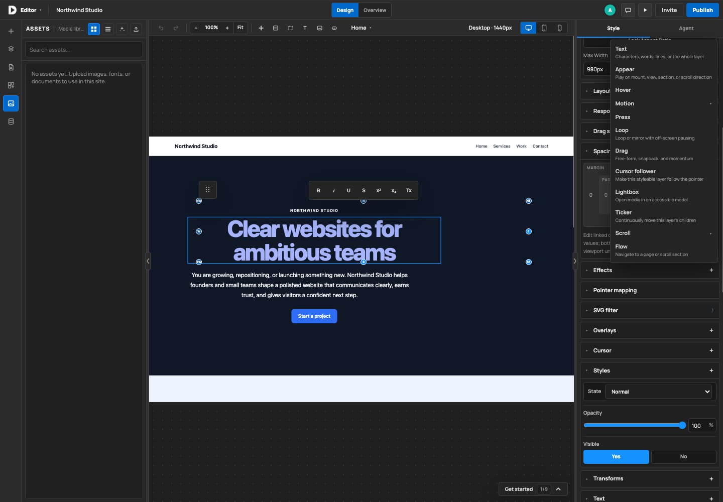 Effects menu with Appear, Hover, Loop, Drag, and Scroll options