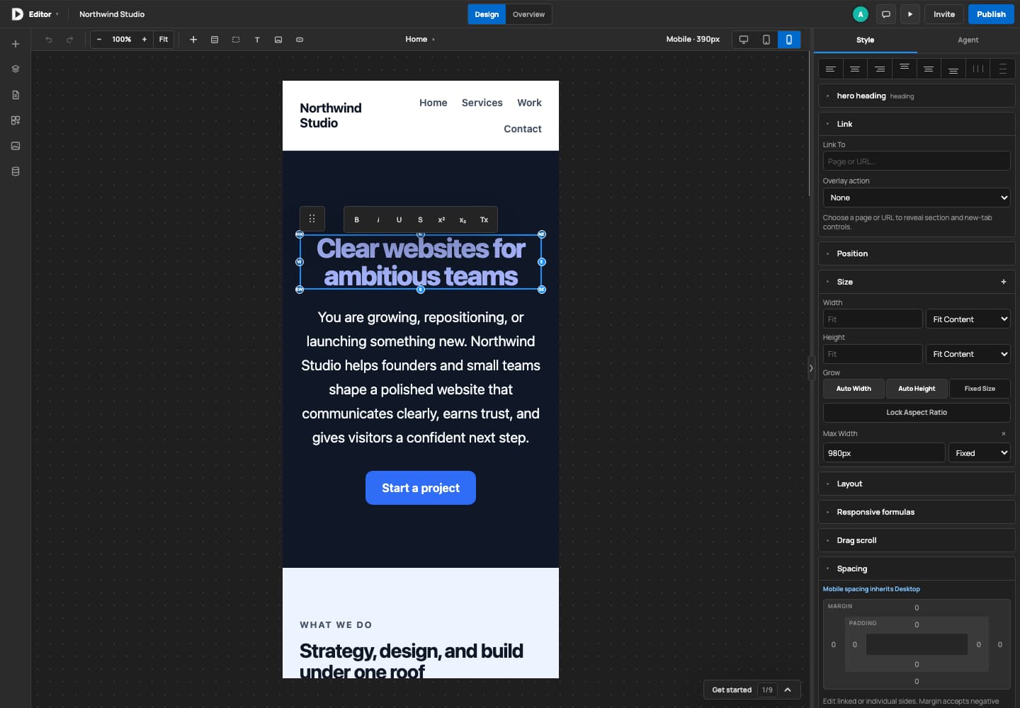 Mobile breakpoint selected in the editor