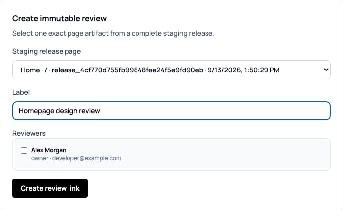 Create immutable review form with a staging release page and review label
