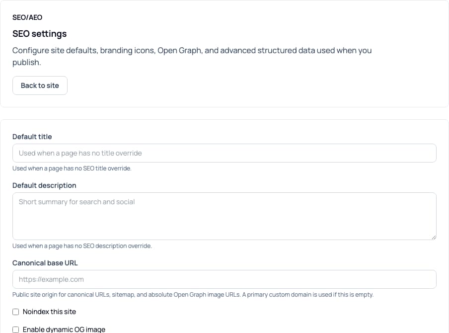 Site SEO settings for metadata, canonical URL, and indexing