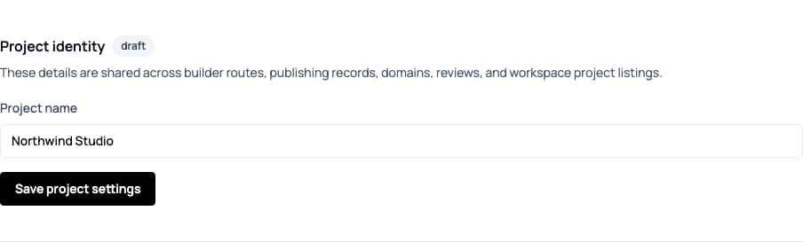 Project identity settings with Project name and Save project settings