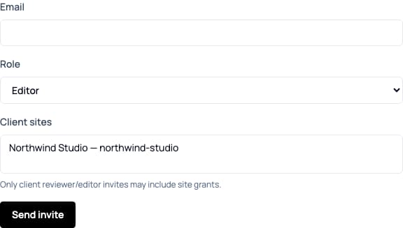 Team invitation form with Email, Role, and Client sites