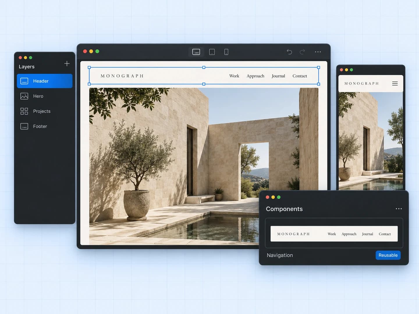 A selected website header connected to a reusable navigation component, with matching desktop and mobile layouts.