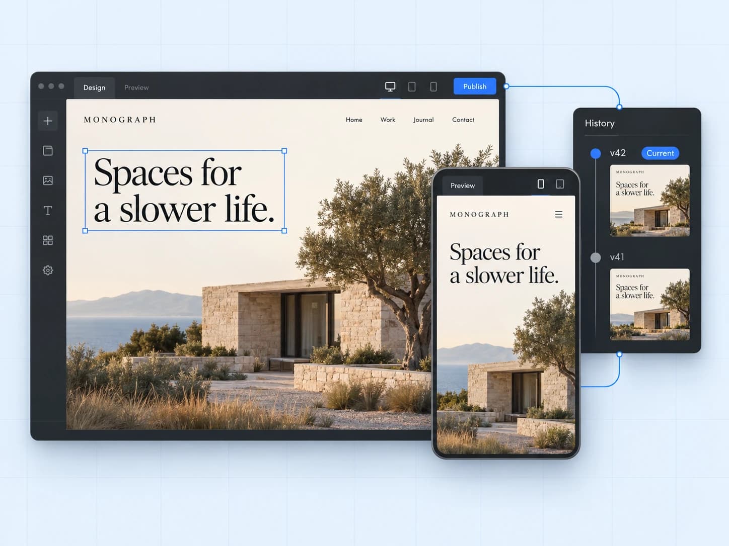 The same architecture page shown on the canvas, in responsive preview, and in its revision history.