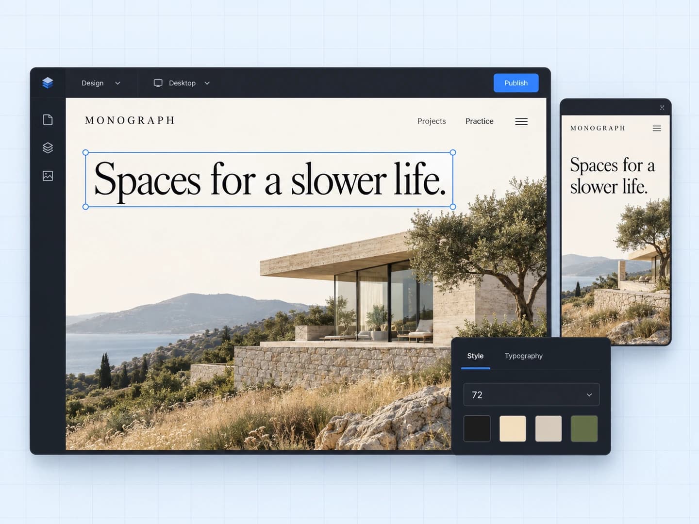 The MONOGRAPH website open in a dark visual editor with typography controls and a responsive mobile preview.
