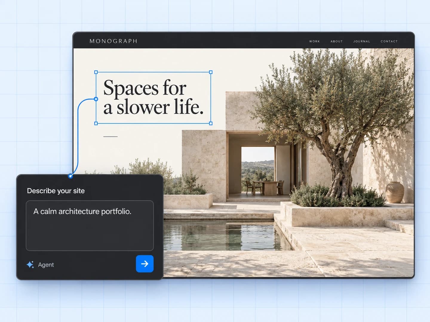 An illustrated prompt composer turning an architecture brief into an editable MONOGRAPH website.