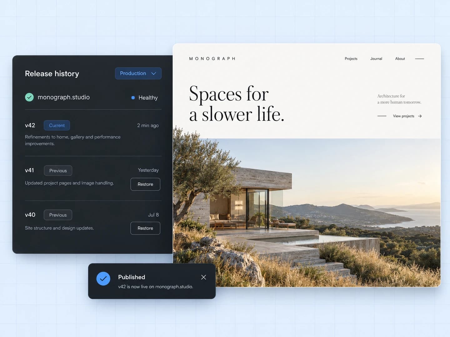 A published architecture website alongside a release history with a current version and earlier versions.