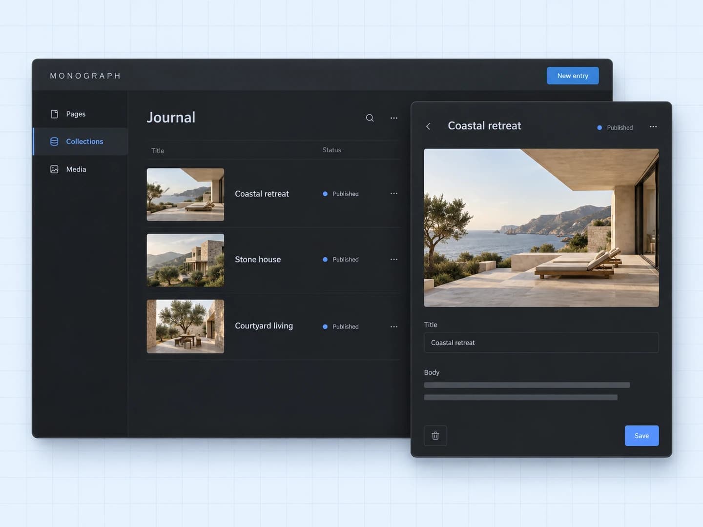 Architecture stories in a content collection alongside an entry editor and their matching website imagery.