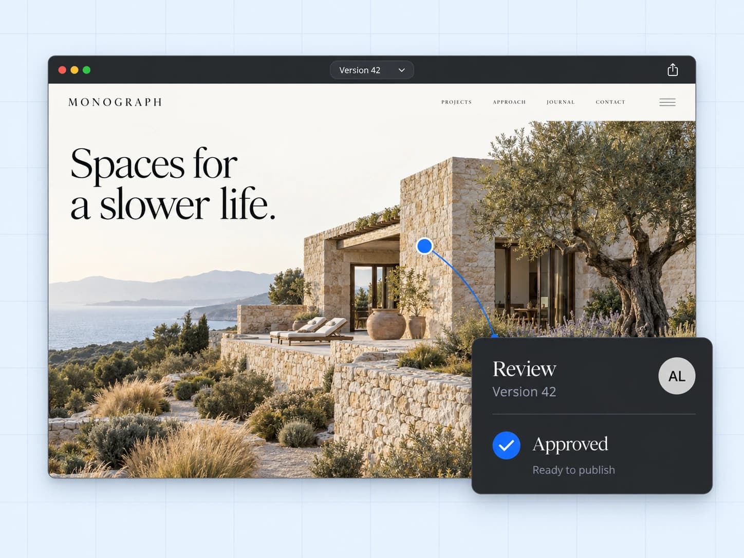 A blue comment marker anchored to the architecture page and an approval attached to Version 42.
