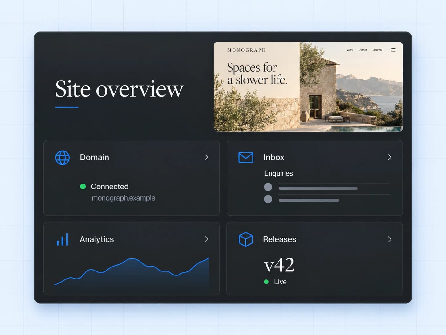 A website overview bringing domain connection, form enquiries, analytics, and release status together.