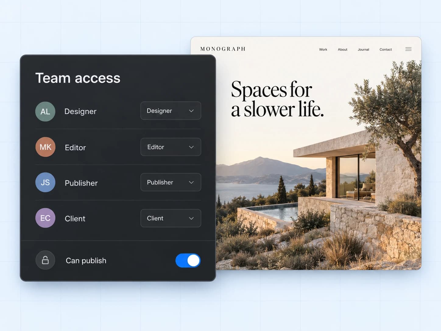 A team permissions panel with Designer, Editor, Publisher, and Client roles beside the website preview.