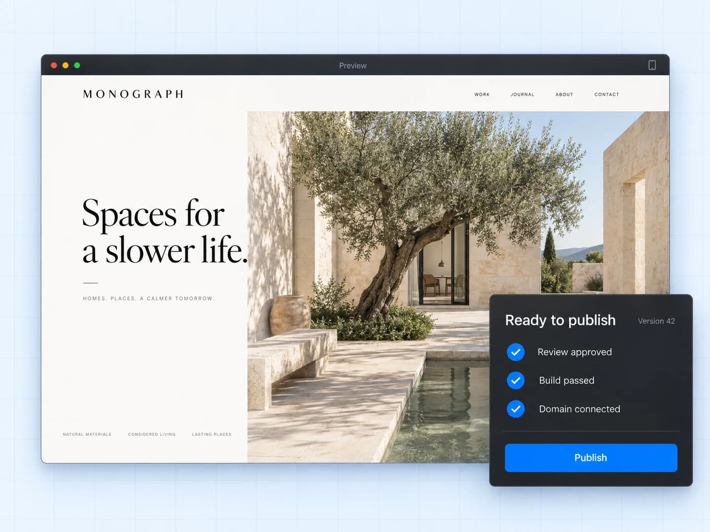 An architecture website preview beside a publishing panel showing review, build, and domain checks.
