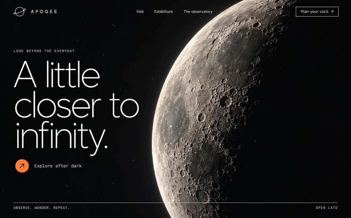 Apogee: space observatory website hero concept, desktop layout
