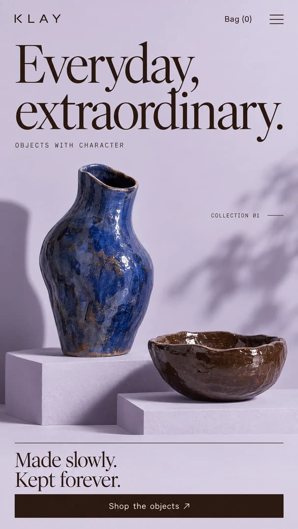 Klay: collectible ceramics website hero concept, mobile layout