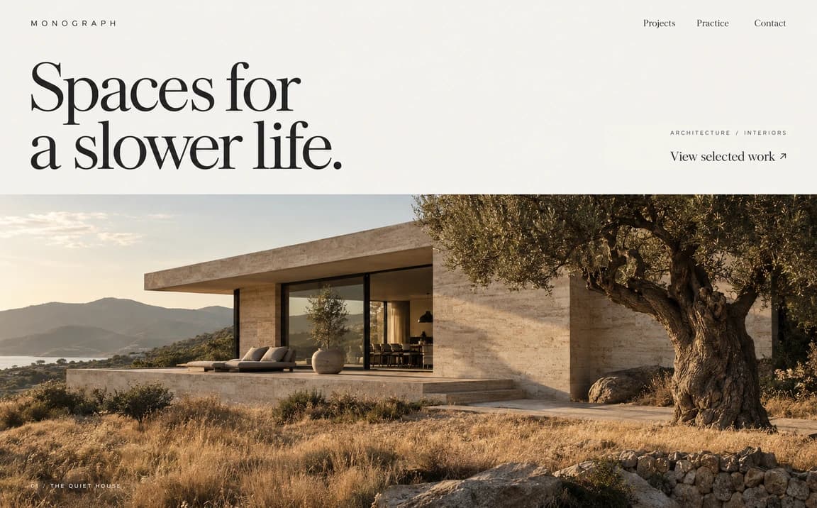 Monograph: architecture website hero concept, desktop layout