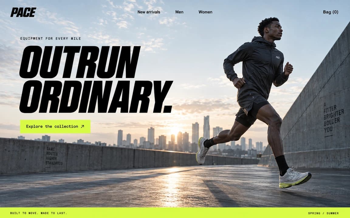 Pace: performance running website hero concept, desktop layout