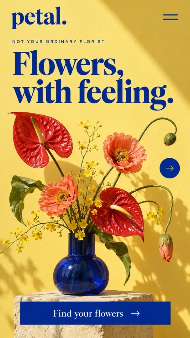 Petal: floral design website hero concept, mobile layout