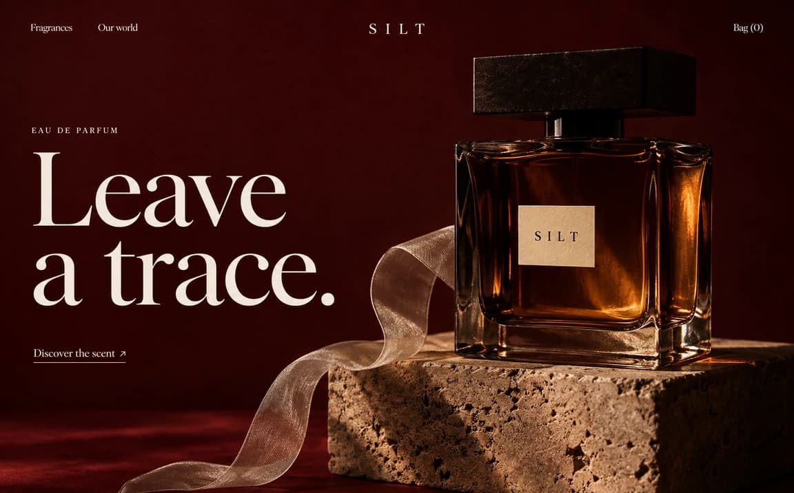 Silt: artisan fragrance website hero concept, desktop layout