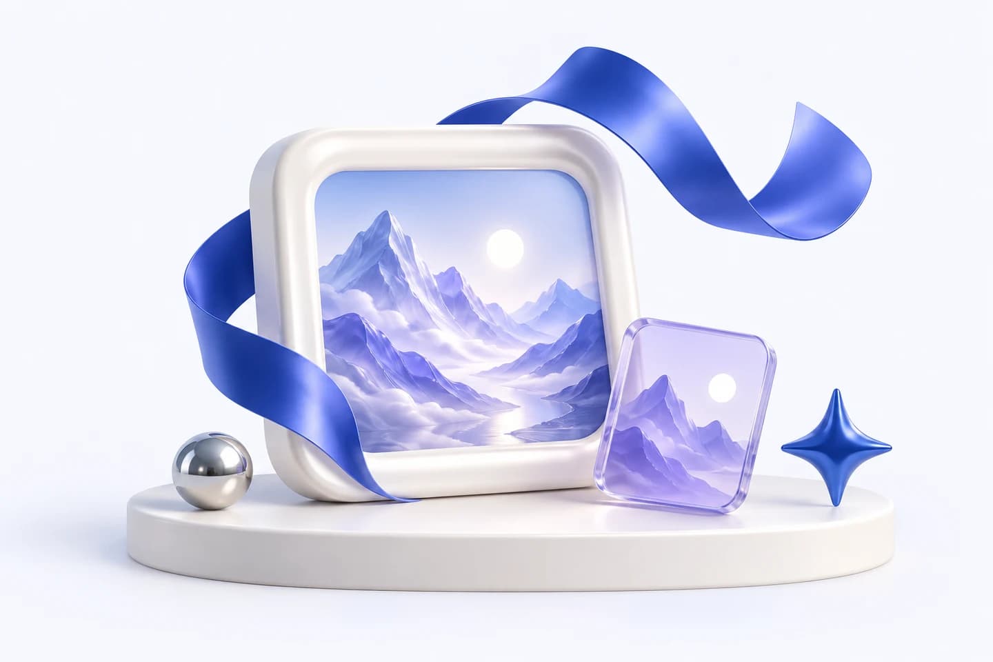 Custom illustration of an image frame with lilac mountains and a flowing cobalt ribbon