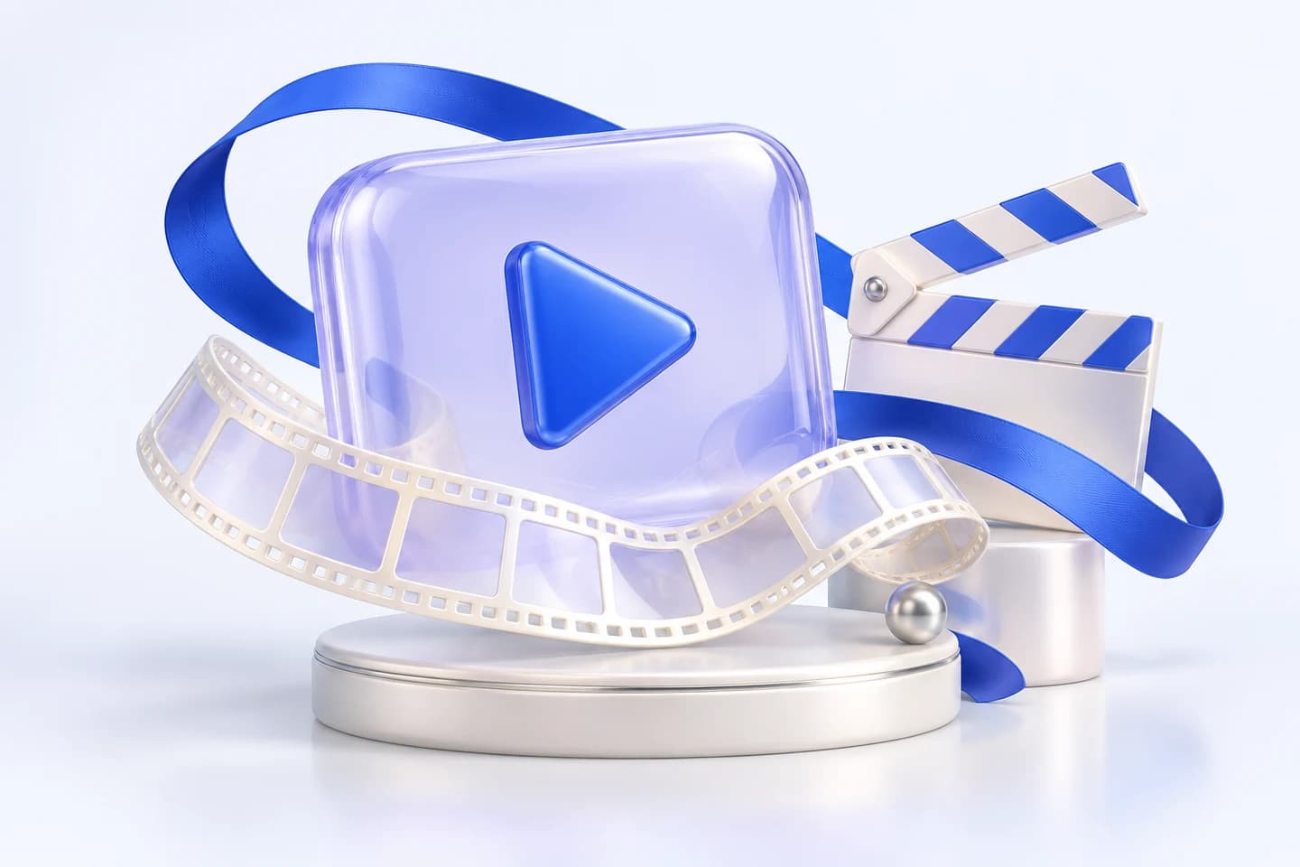 Custom illustration of a video play tile, a clapperboard, and a filmstrip in cobalt and lilac