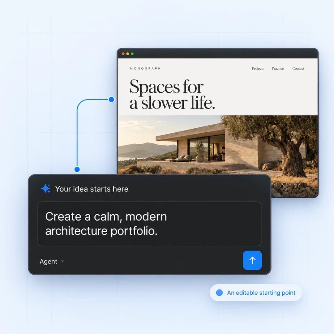 A prompt for an architecture portfolio alongside the website it inspires, illustrated in DevAssistant’s dark interface.