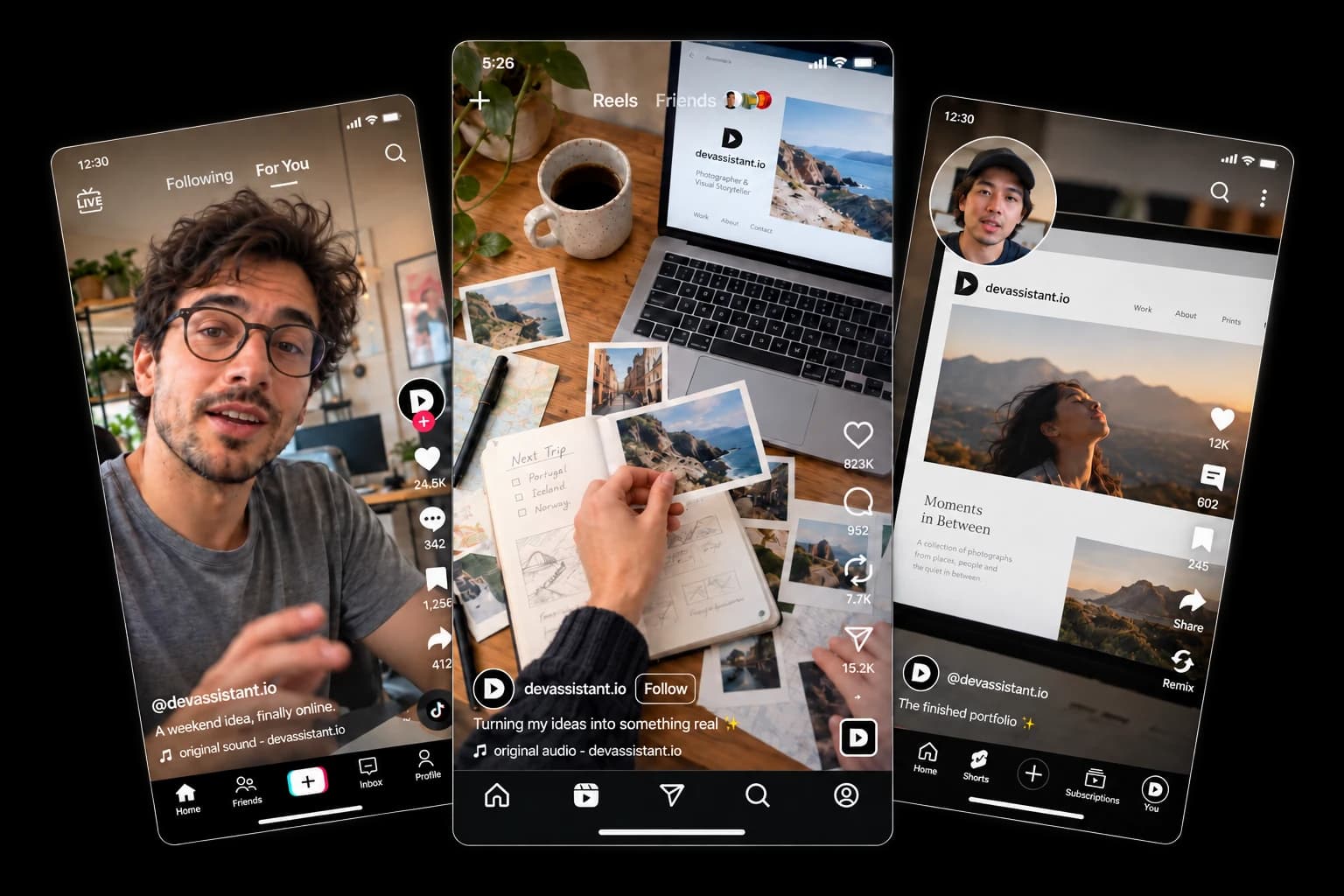 DevAssistant creator posts on TikTok, Instagram Reels, and YouTube Shorts, arranged in three fanned cards.