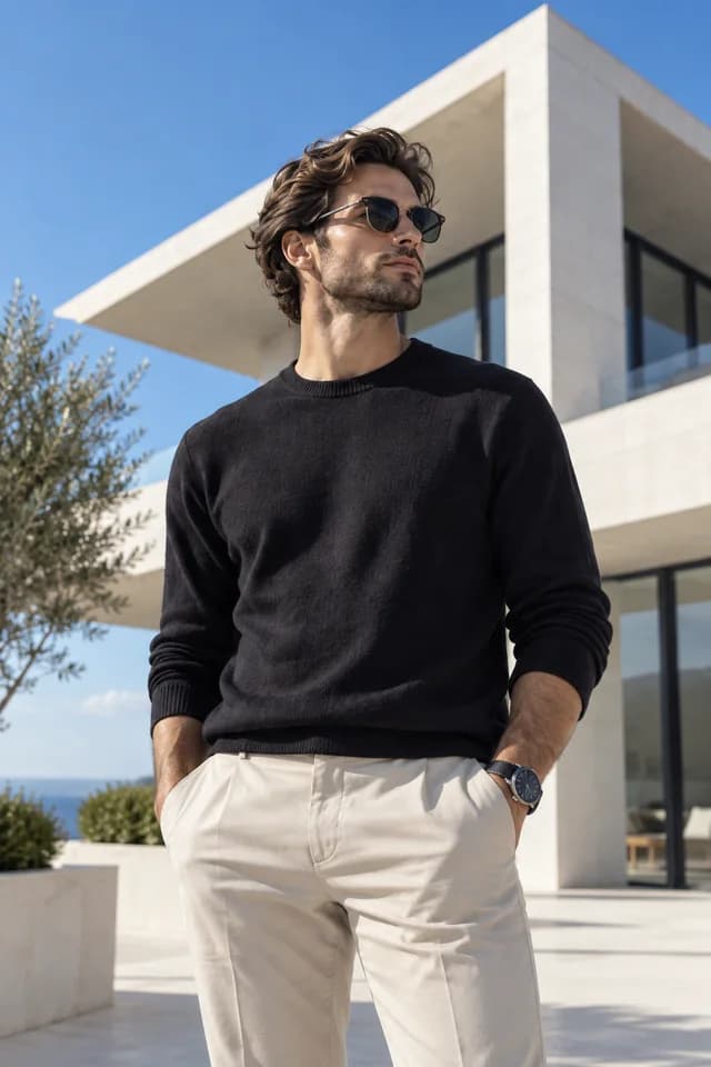 A fictional design creator outside a modern white building.