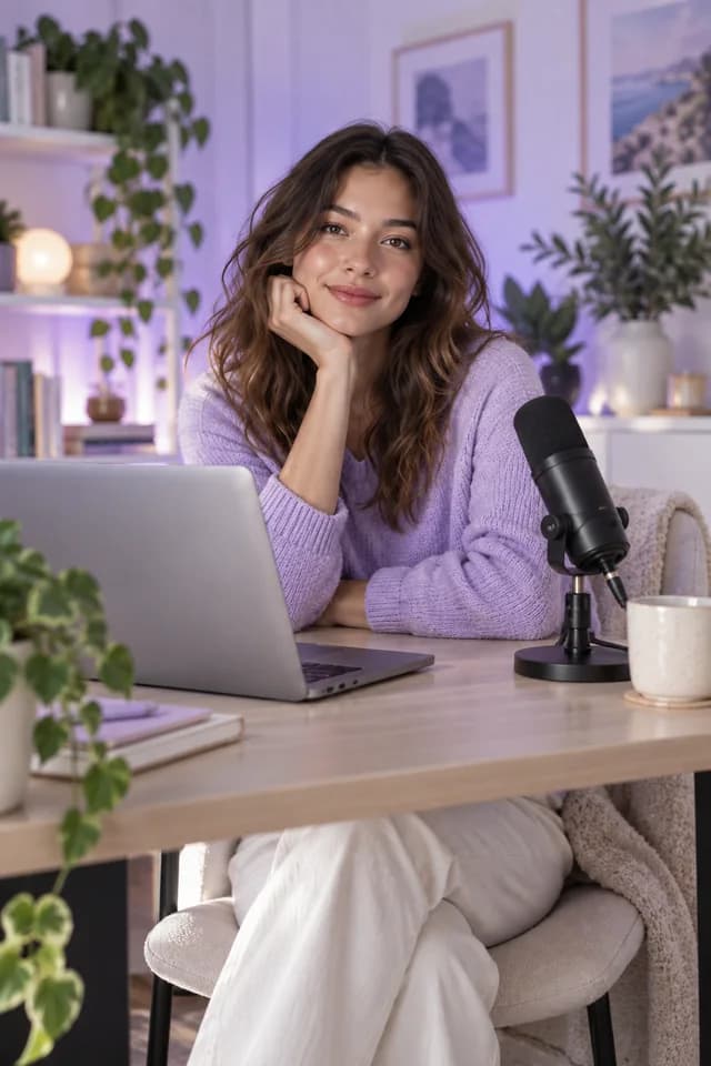 A fictional educator at a desk with a laptop and microphone.