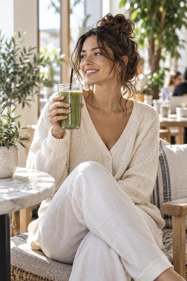A fictional lifestyle creator enjoying a smoothie in a sunlit café.