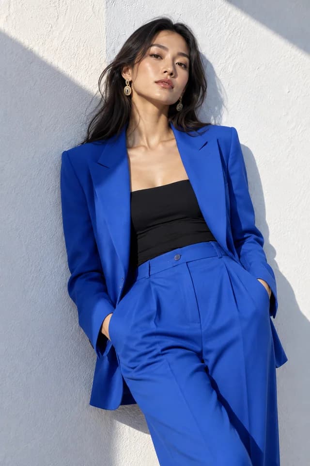 A fictional style creator wearing a cobalt blue suit.