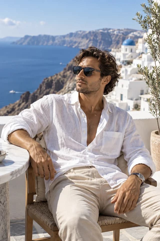 A fictional travel creator on a terrace overlooking the Mediterranean.