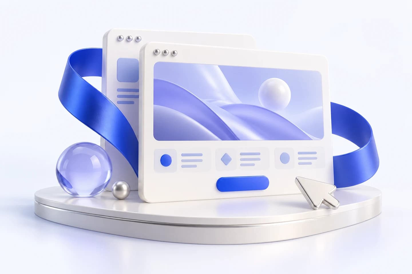Custom illustration of layered website pages, a cursor, and a flowing cobalt ribbon
